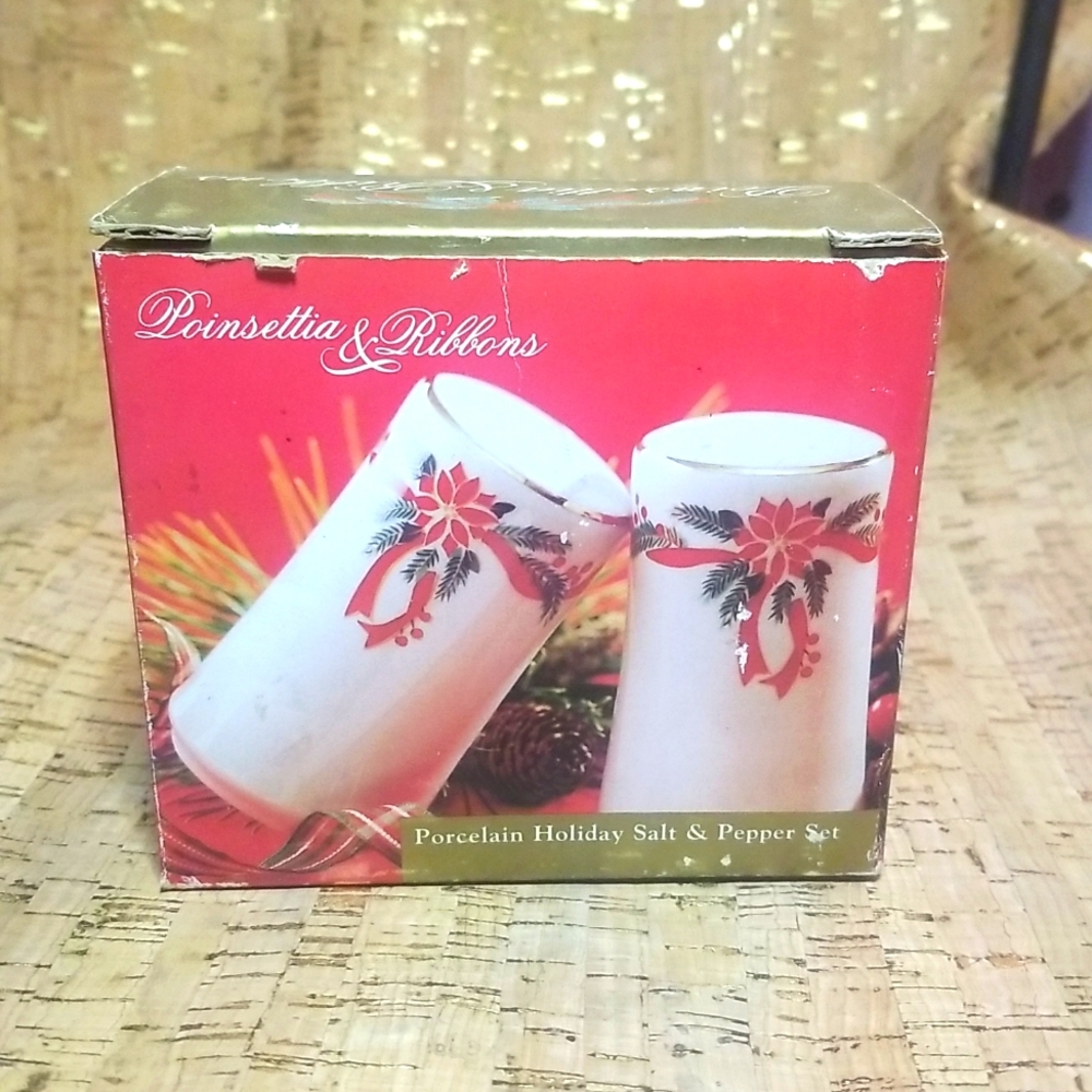 Vintage Porcelain Holiday Salt & Pepper Shaker Set New from Kmart Rare 1980s